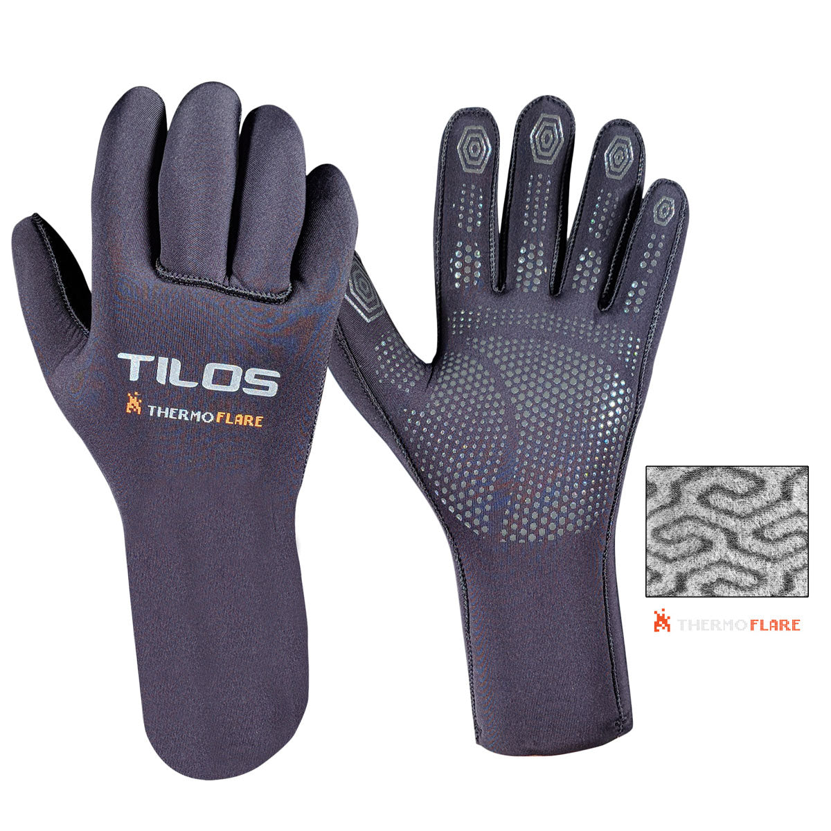 Tilos 3mm Thermoflare Superstretch Gloves in black — neoprene dive glove, back of hand view