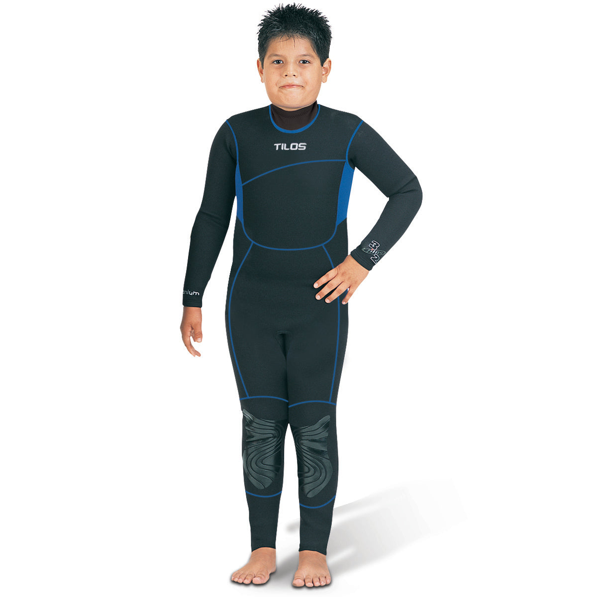 Tilos Kid's 3/2mm Adventure Steamer in blue — kids wetsuit front view