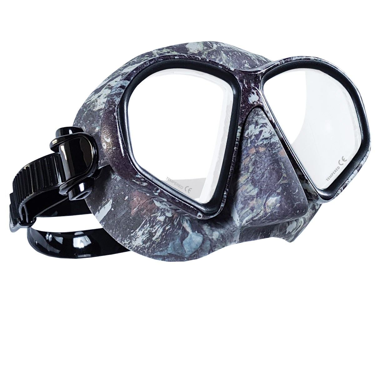 Tilos Spawn Camo Spearfishing Mask in black — side profile showing skirt and strap