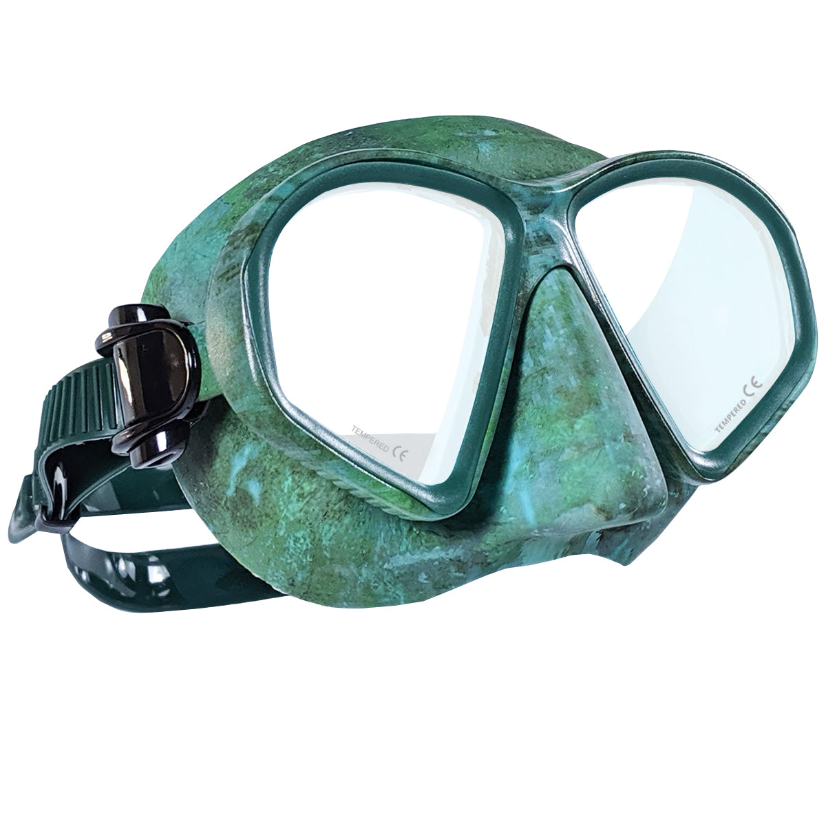 Tilos Spawn Camo Spearfishing Mask — side profile showing skirt and strap