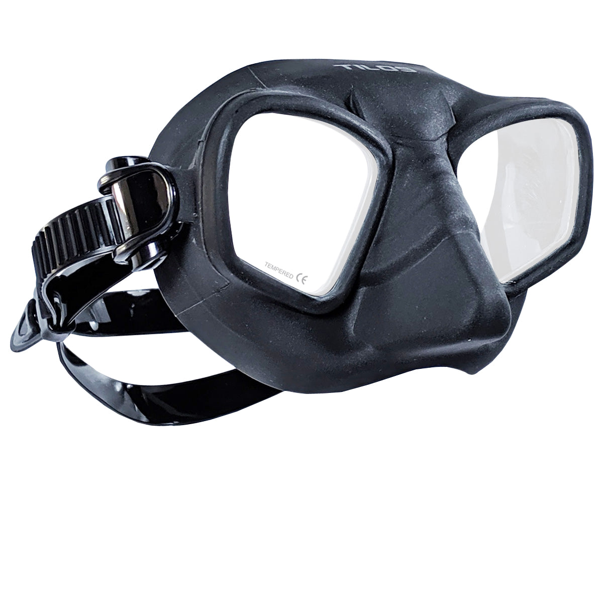 Tilos Avengia Frameless Mask in black — front view showing lens and silicone skirt