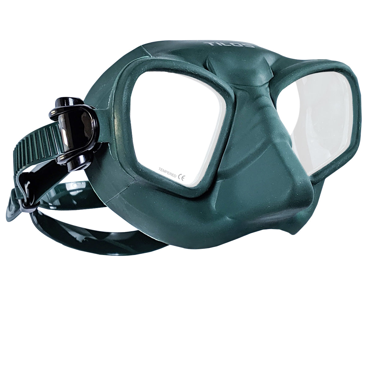 Tilos Avengia Frameless Mask in green — front view showing lens and silicone skirt
