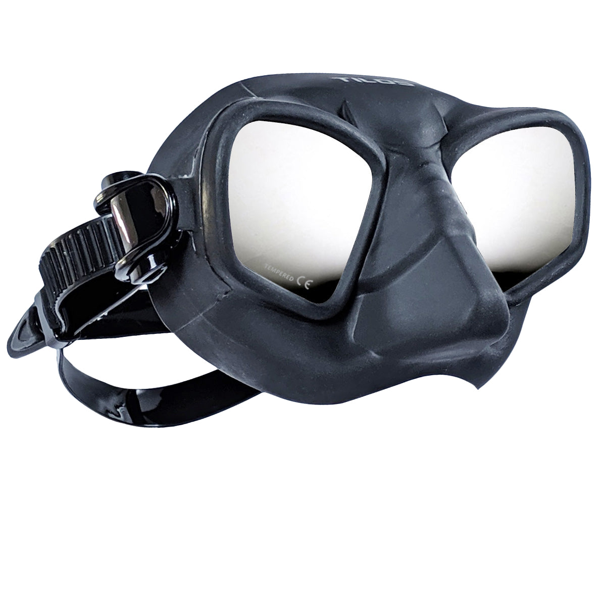 Tilos Avengia Frameless Mask in black — front view showing lens and silicone skirt