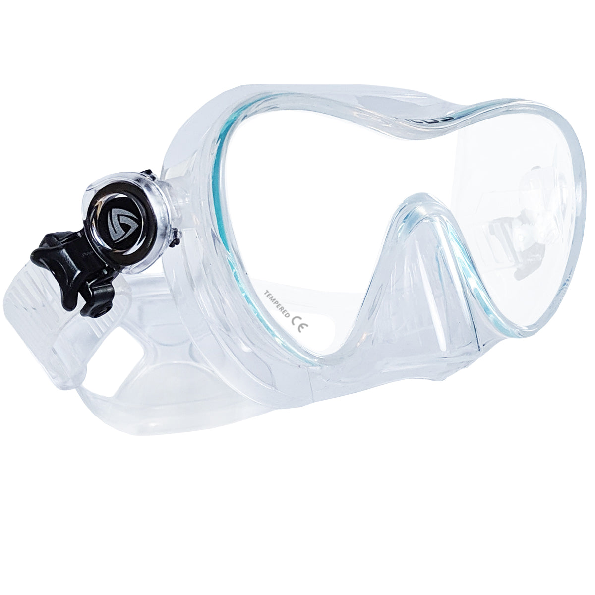 Tilos CoveOps Frameless Mask in clear — front view showing lens and silicone skirt