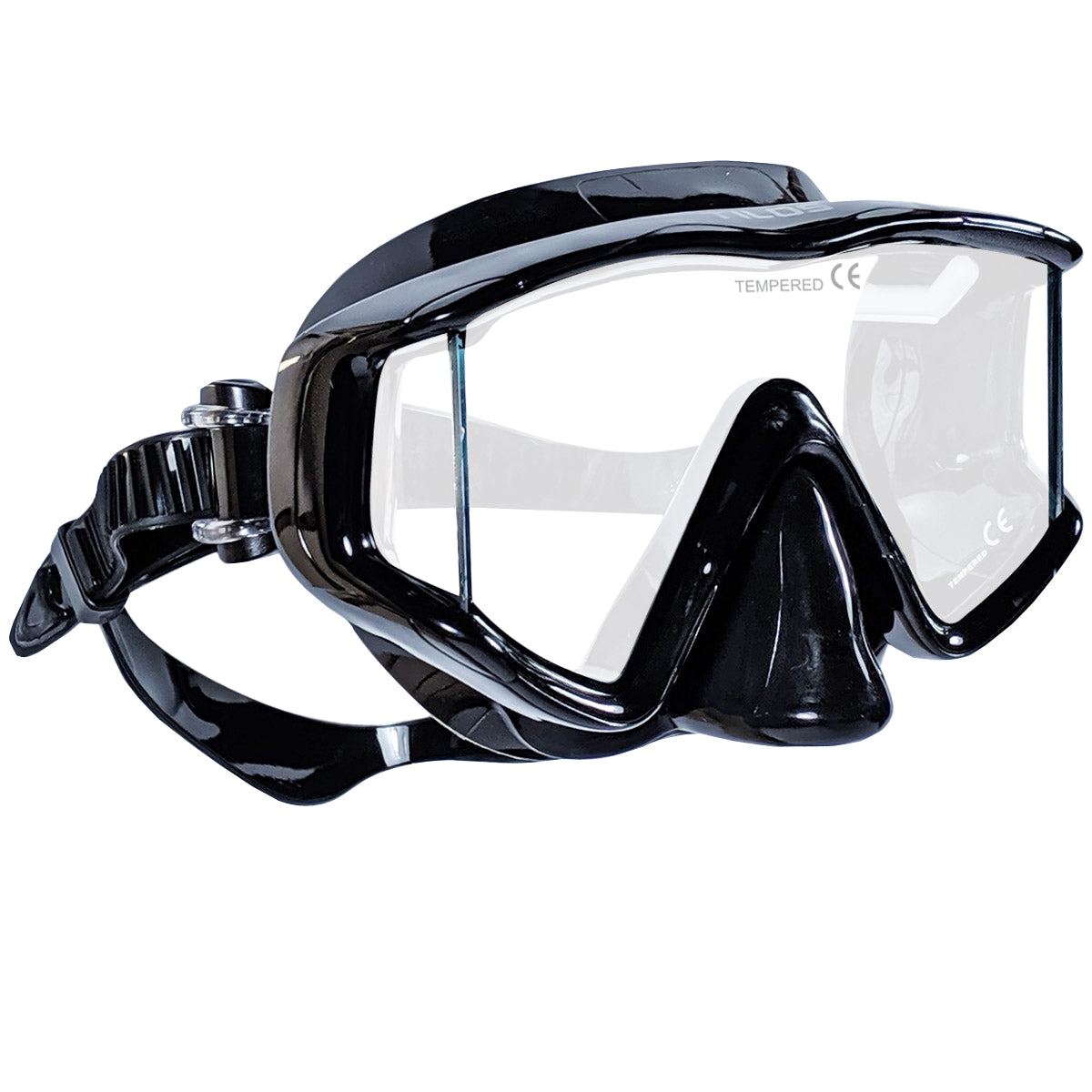 Tilos Single Lens Panoramic SG Mask in black — front view showing lens and silicone skirt