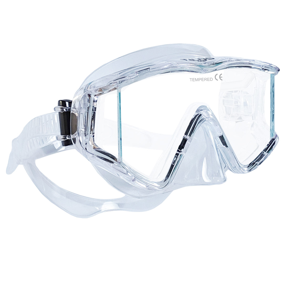 Tilos Single Lens Panoramic SG Mask in clear — front view showing lens and silicone skirt
