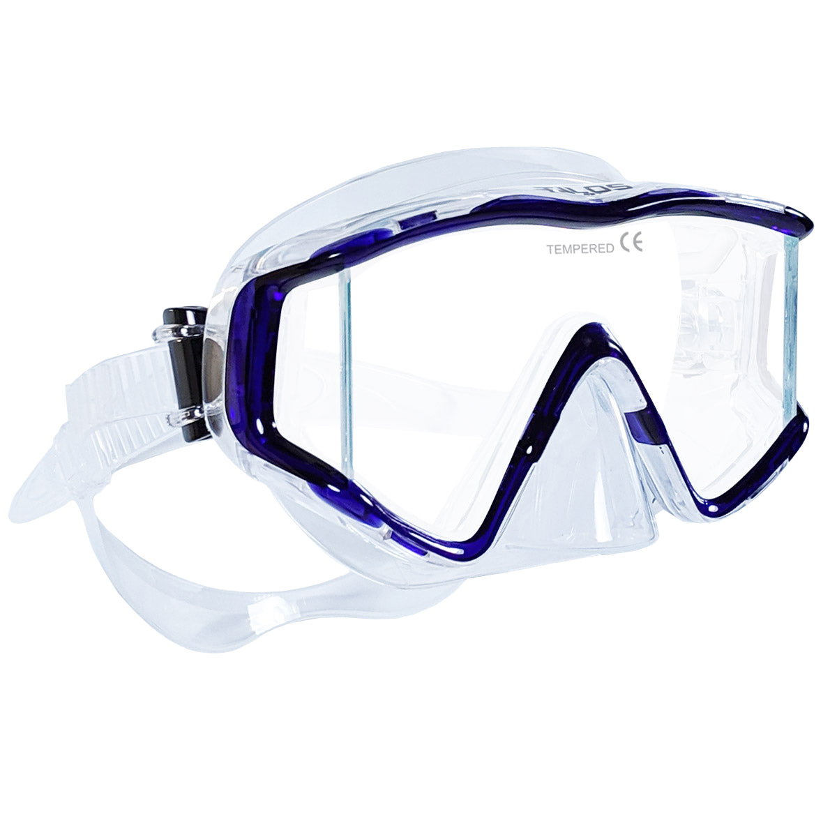 Tilos Single Lens Panoramic SG Mask in teal blue — front view showing lens and silicone skirt