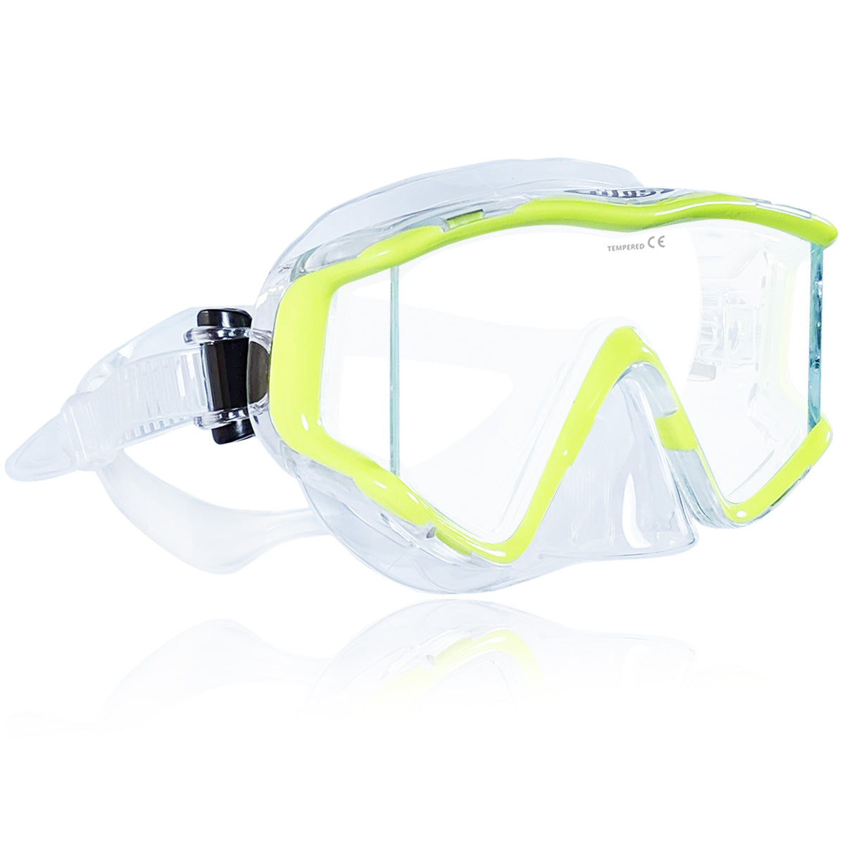 Tilos Single Lens Panoramic SG Mask in yellow — front view showing lens and silicone skirt