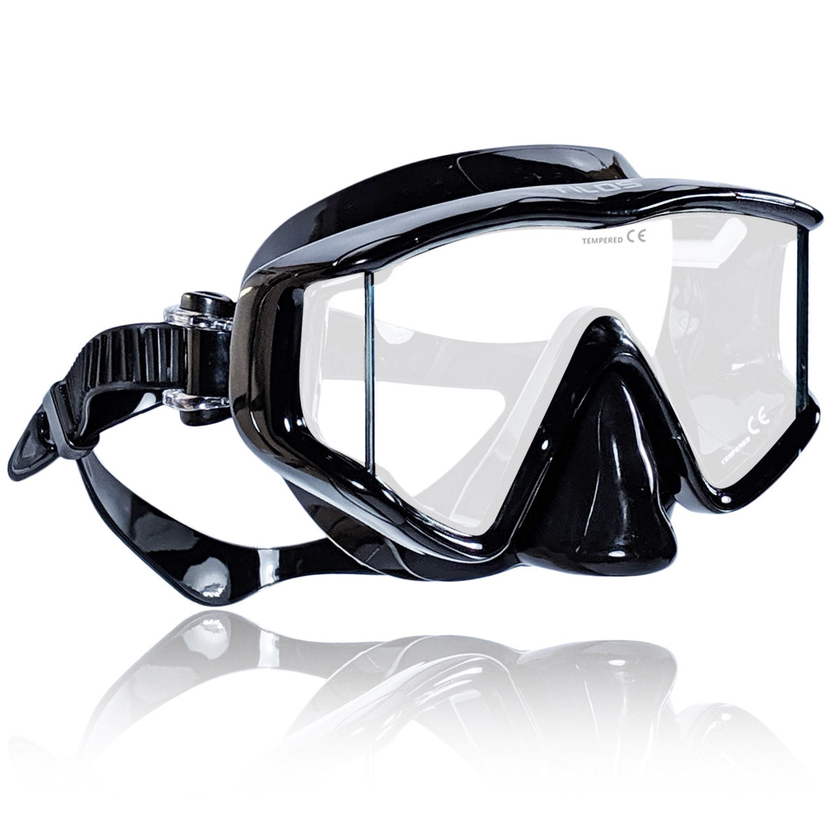 Tilos Single Lens Panoramic SG Mask in black — front view showing lens and silicone skirt