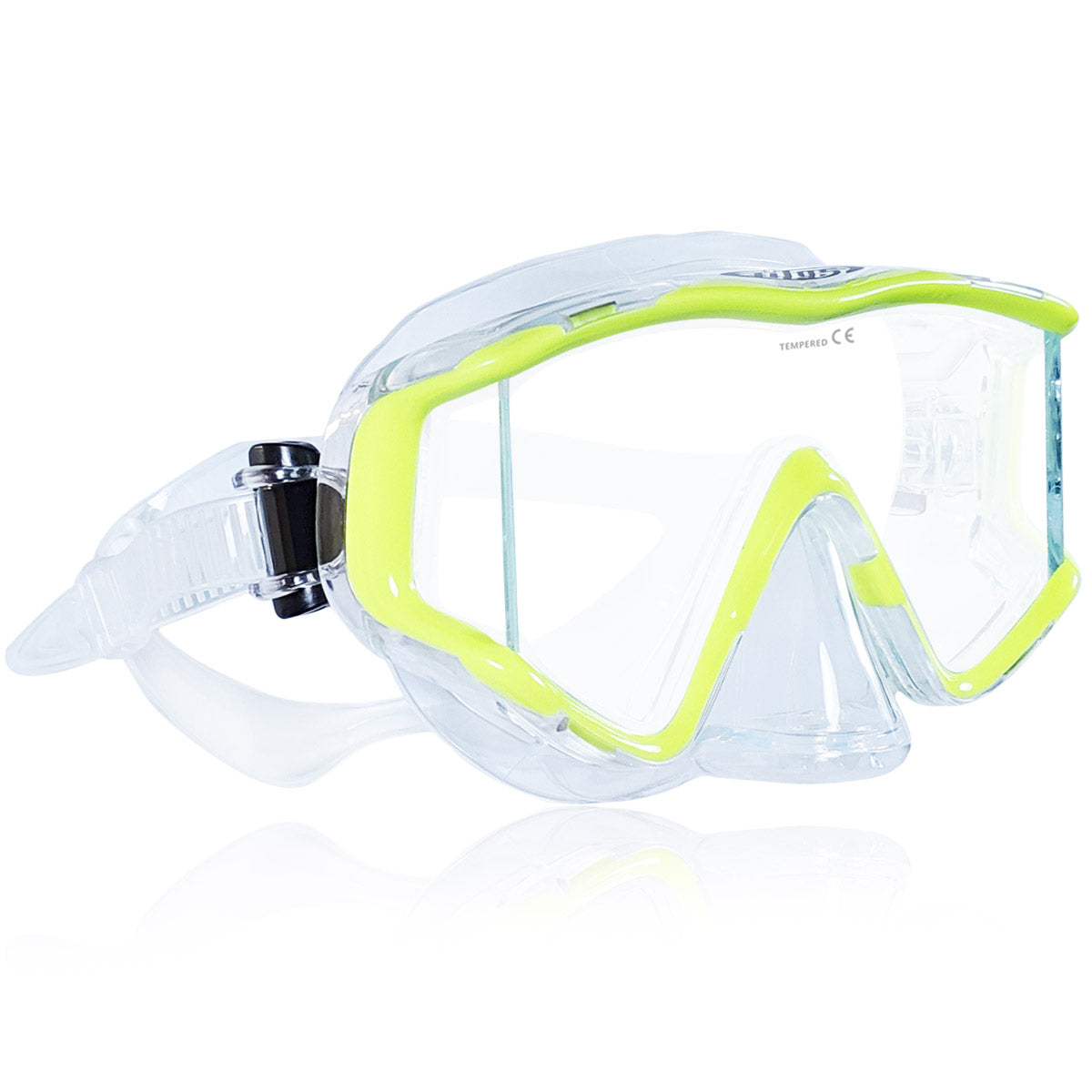 Tilos Single Lens Panoramic SG Mask in yellow — front view showing lens and silicone skirt
