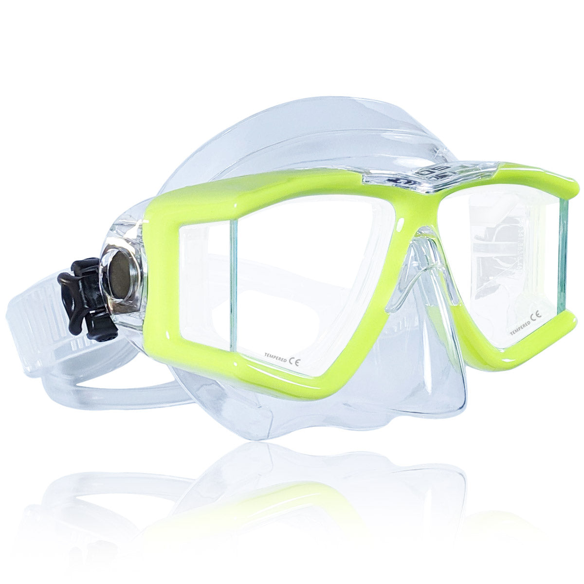 Tilos Double Lens Panoramic Mask in yellow — front view showing lens and silicone skirt