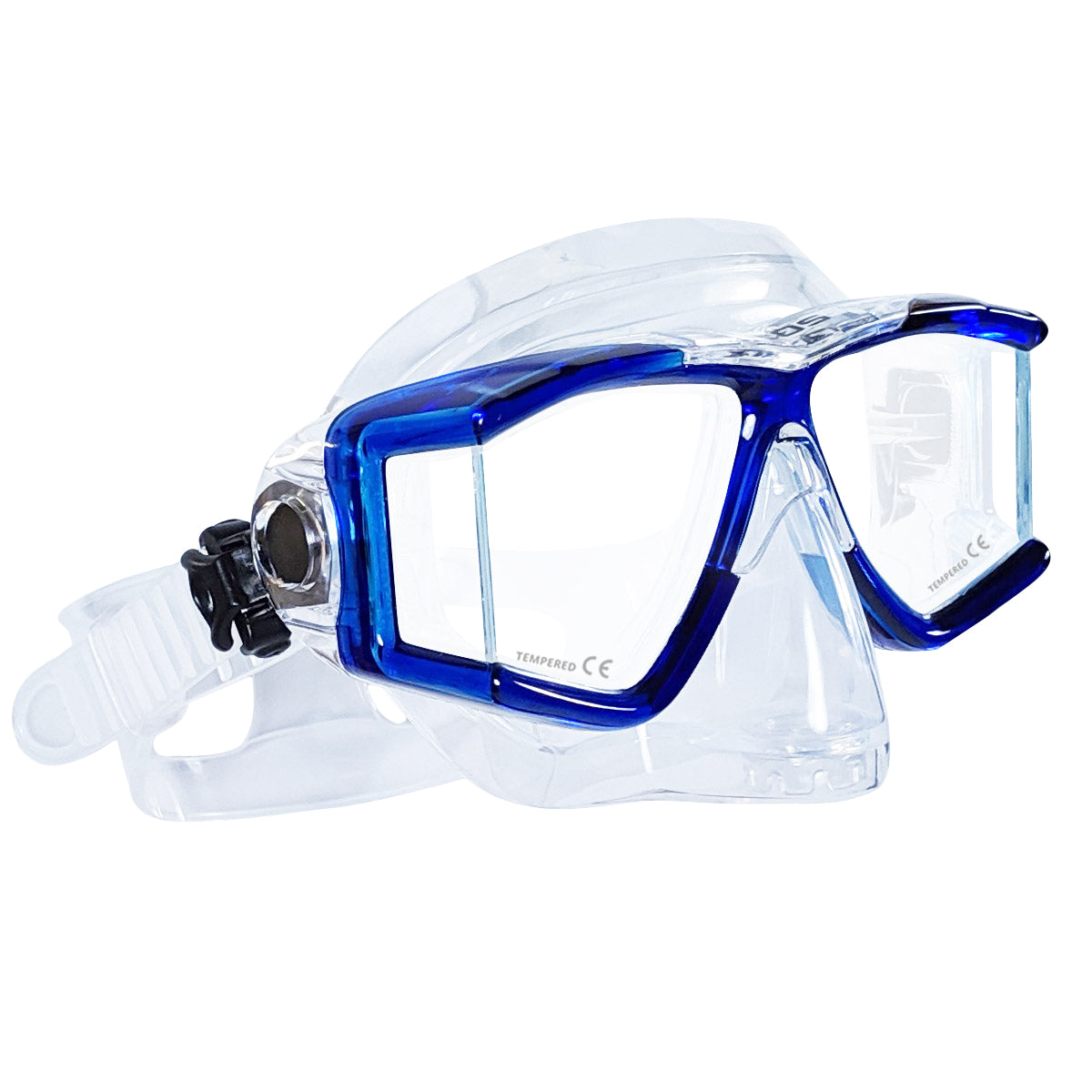 Tilos Double Lens Panoramic Mask in teal blue — front view showing lens and silicone skirt