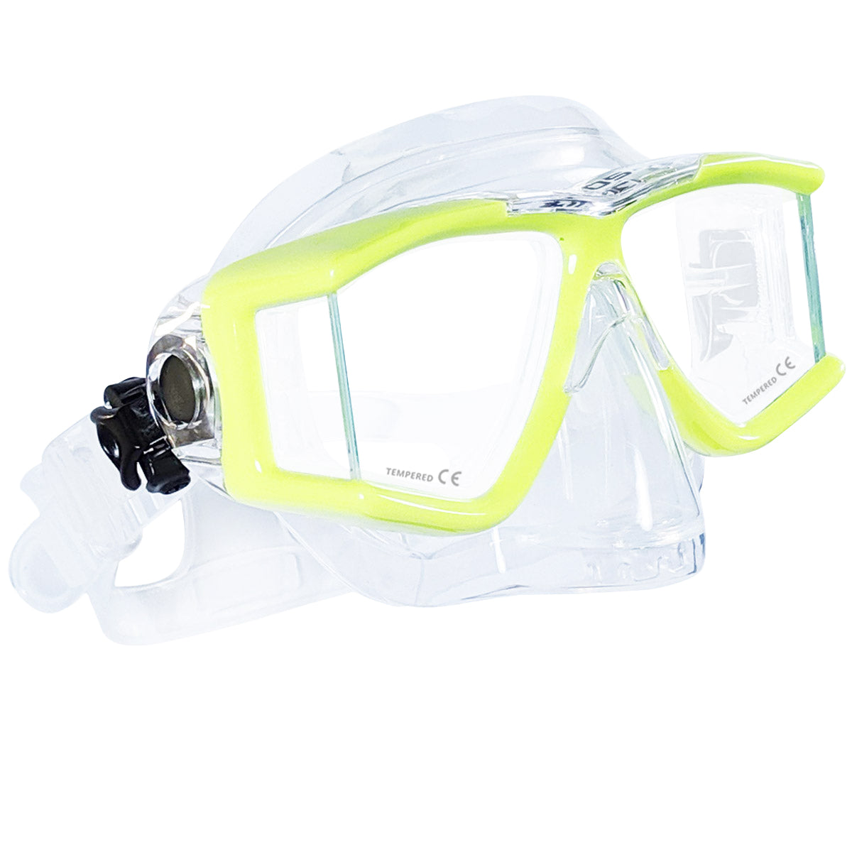 Tilos Double Lens Panoramic Mask in yellow — front view showing lens and silicone skirt