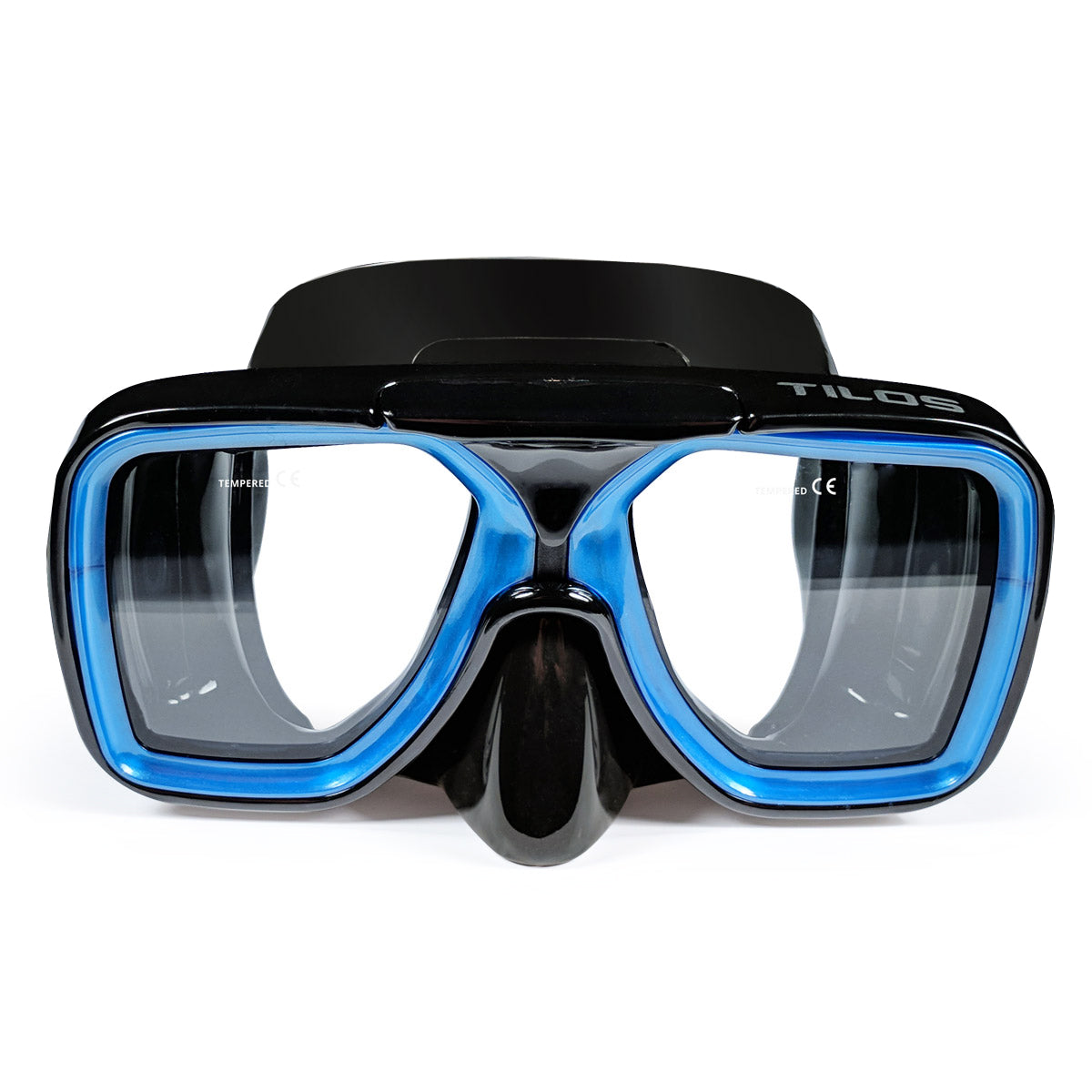 Tilos Universal Plus Dive Mask in black — front view showing lens and silicone skirt