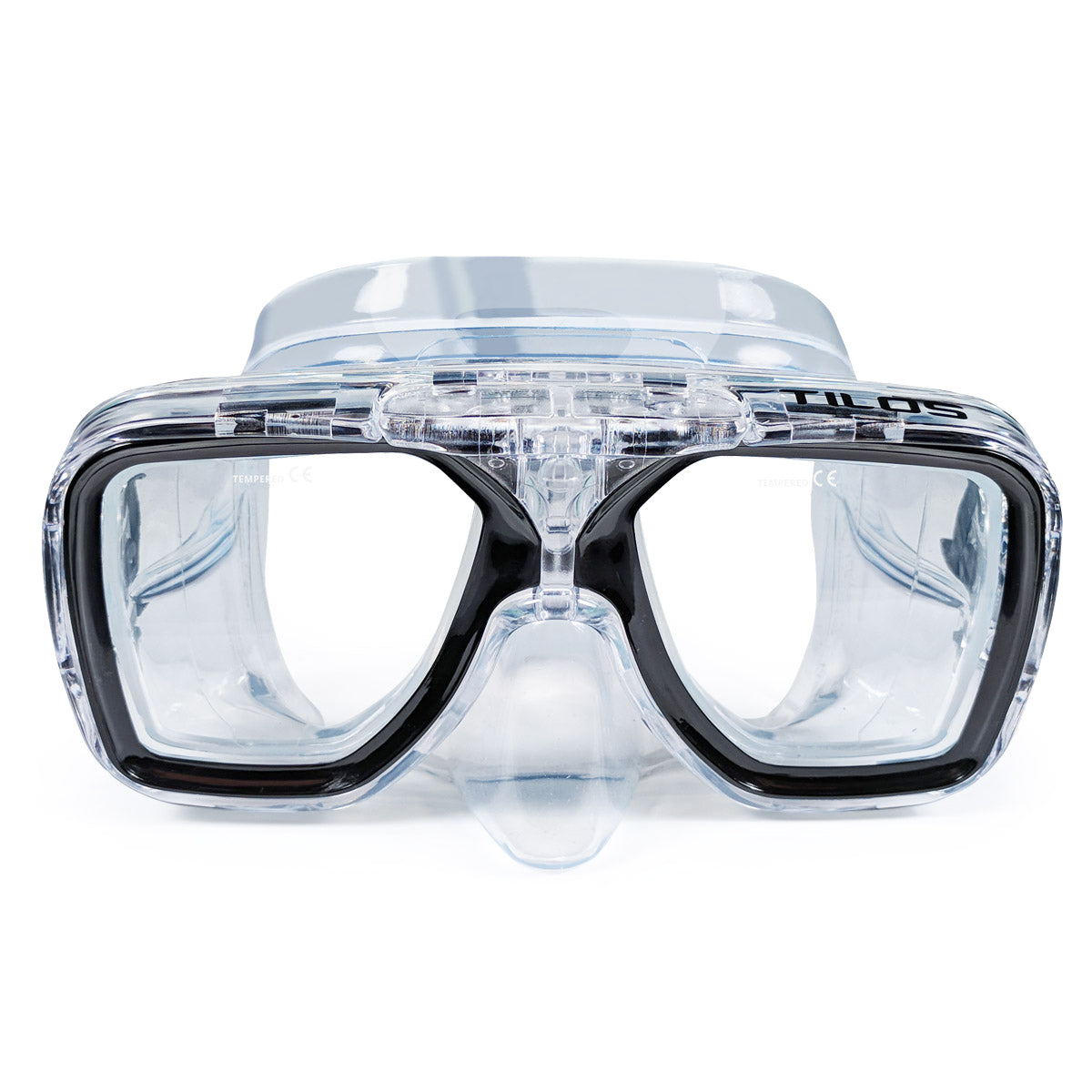 Tilos Universal Plus Dive Mask in black — front view showing lens and silicone skirt