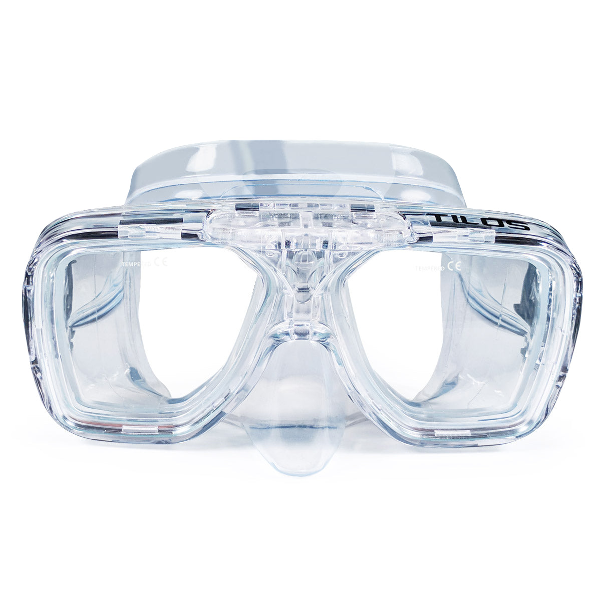 Tilos Universal Plus Dive Mask in clear — front view showing lens and silicone skirt
