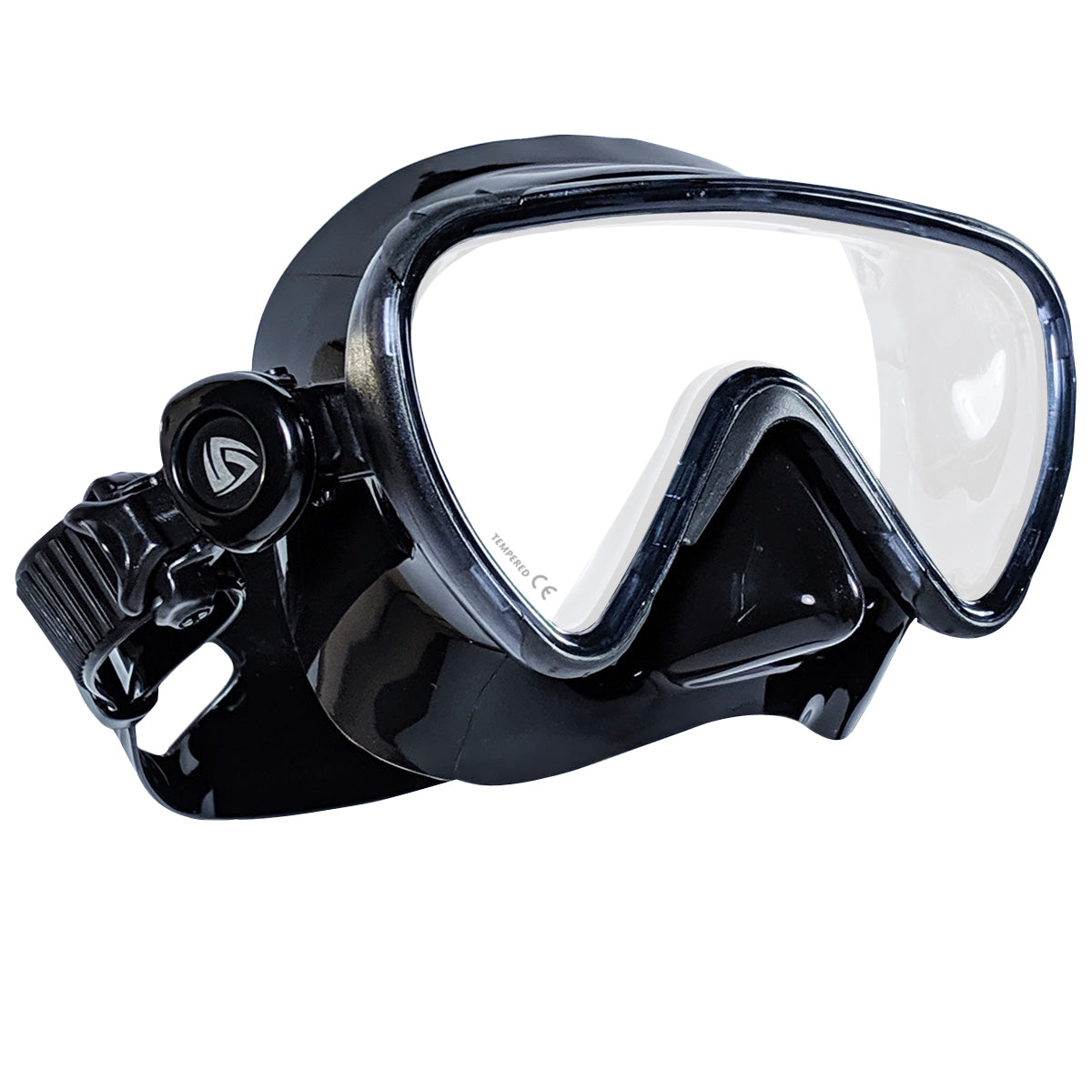 Tilos Versa Single Lens Dive Mask in black — front view showing lens and silicone skirt