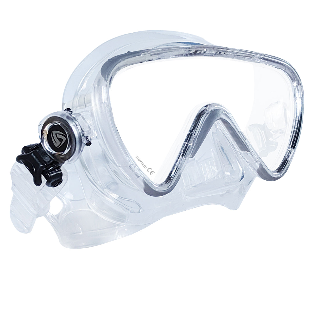 Tilos Versa Single Lens Dive Mask in clear — front view showing lens and silicone skirt