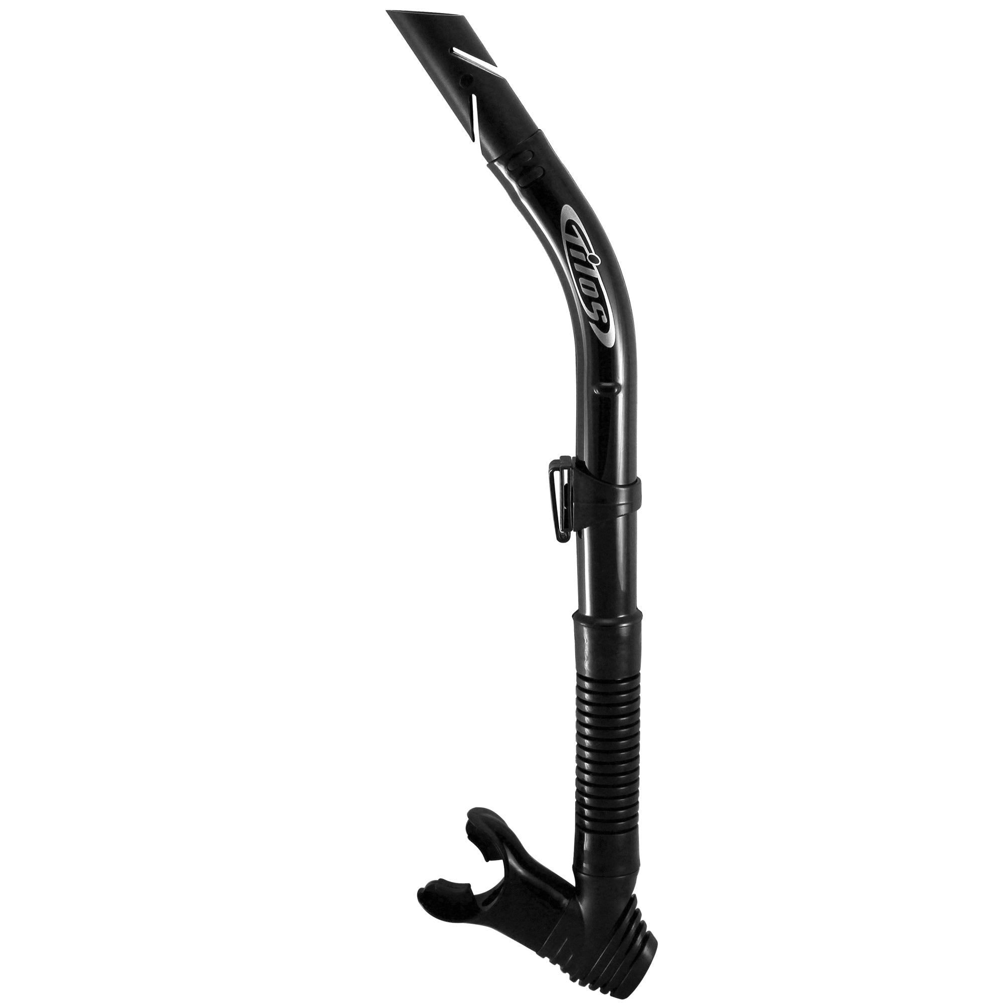 Tilos Splash Semi Dry Snorkel in black — full snorkel showing dry top valve and mouthpiece
