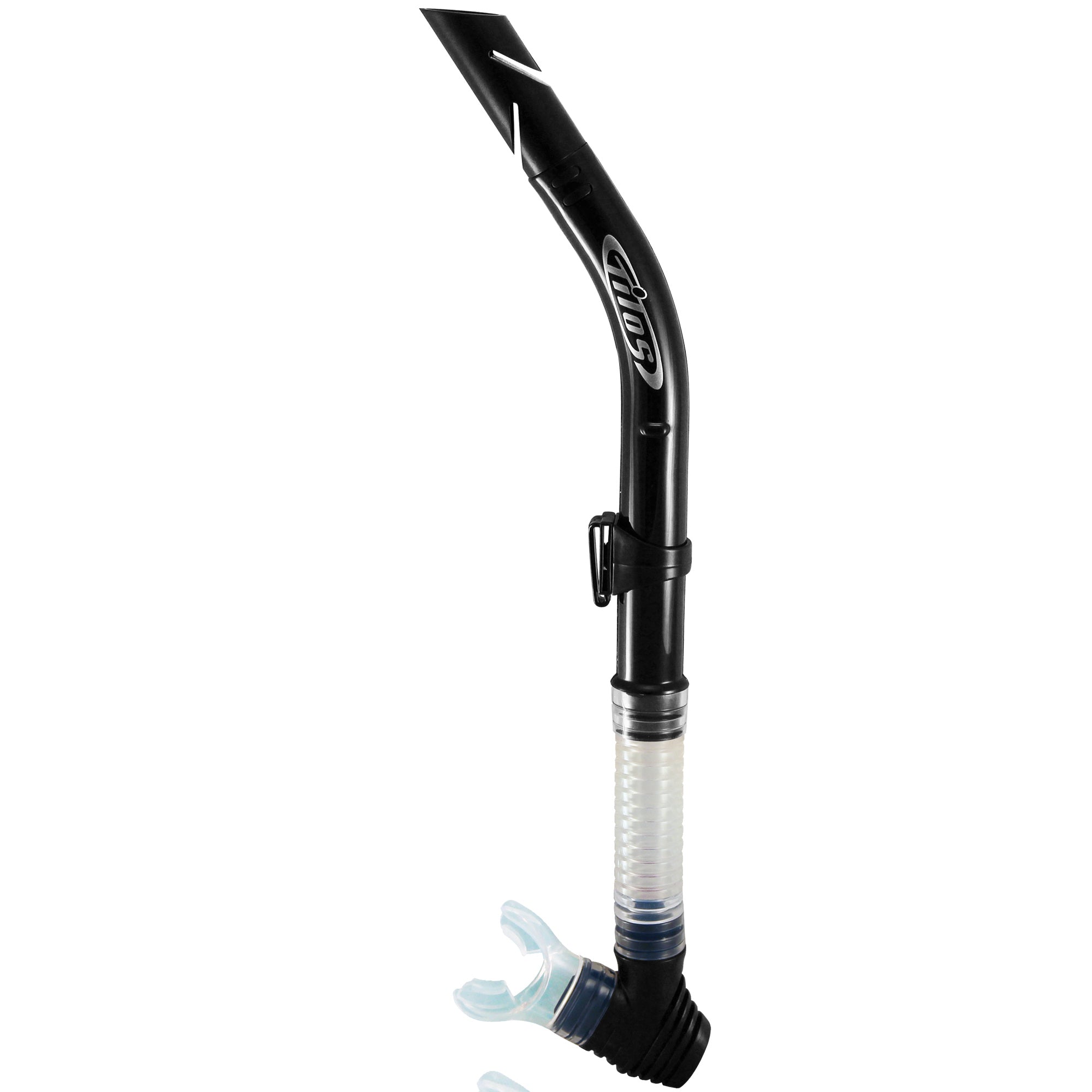 Tilos Splash Semi Dry Snorkel in black — full snorkel showing dry top valve and mouthpiece