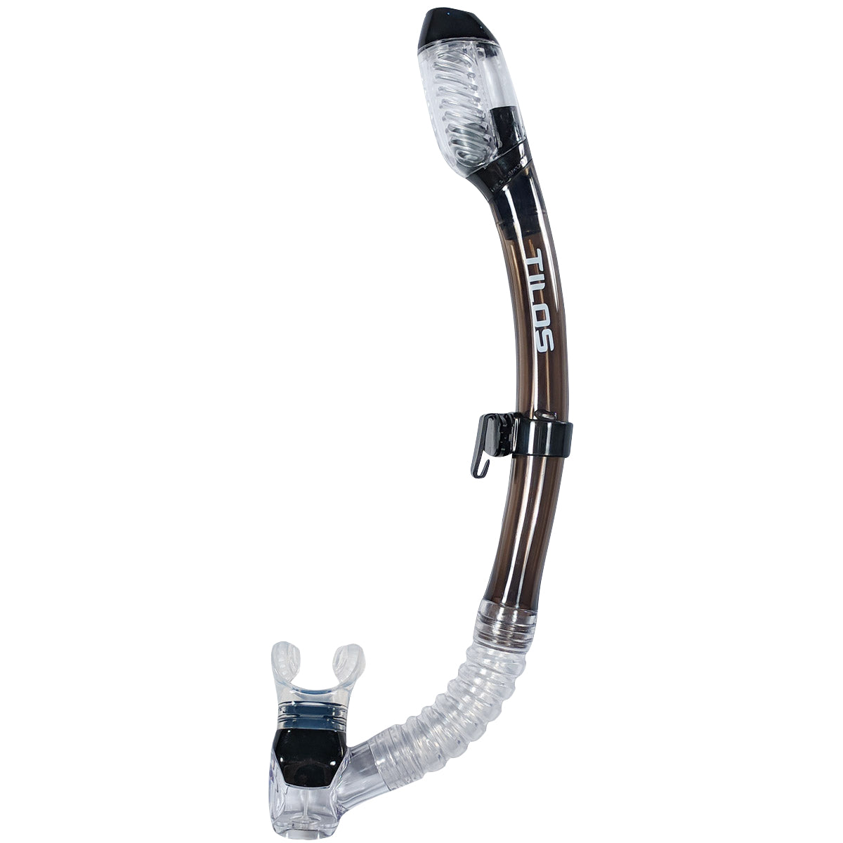 Tilos Sleek Dry Snorkel in black — full snorkel showing dry top valve and mouthpiece