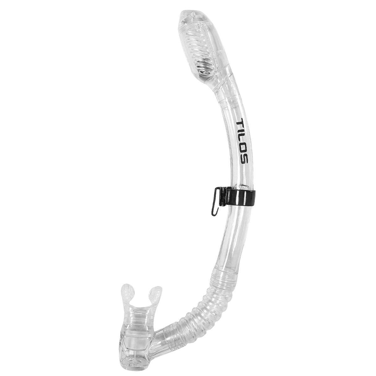 Tilos Sleek Dry Snorkel in clear — full snorkel showing dry top valve and mouthpiece