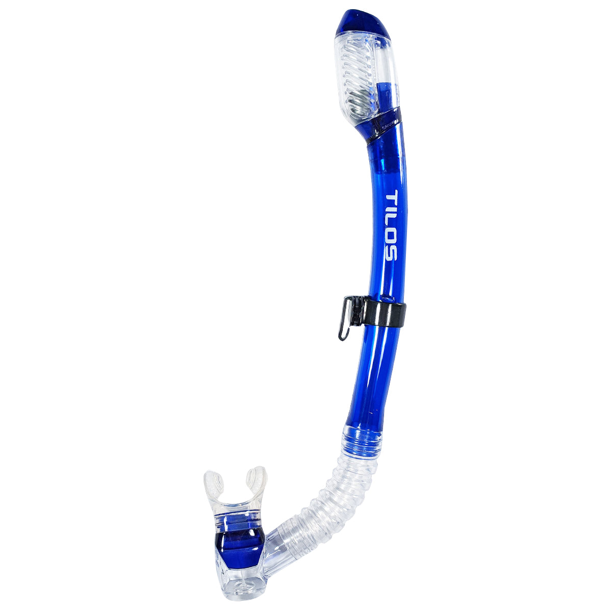 Tilos Sleek Dry Snorkel in teal blue — full snorkel showing dry top valve and mouthpiece