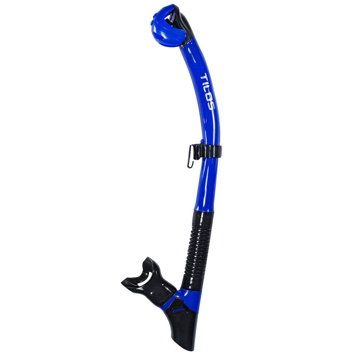 Tilos Orion Dry Snorkel in blue — full snorkel showing dry top valve and mouthpiece