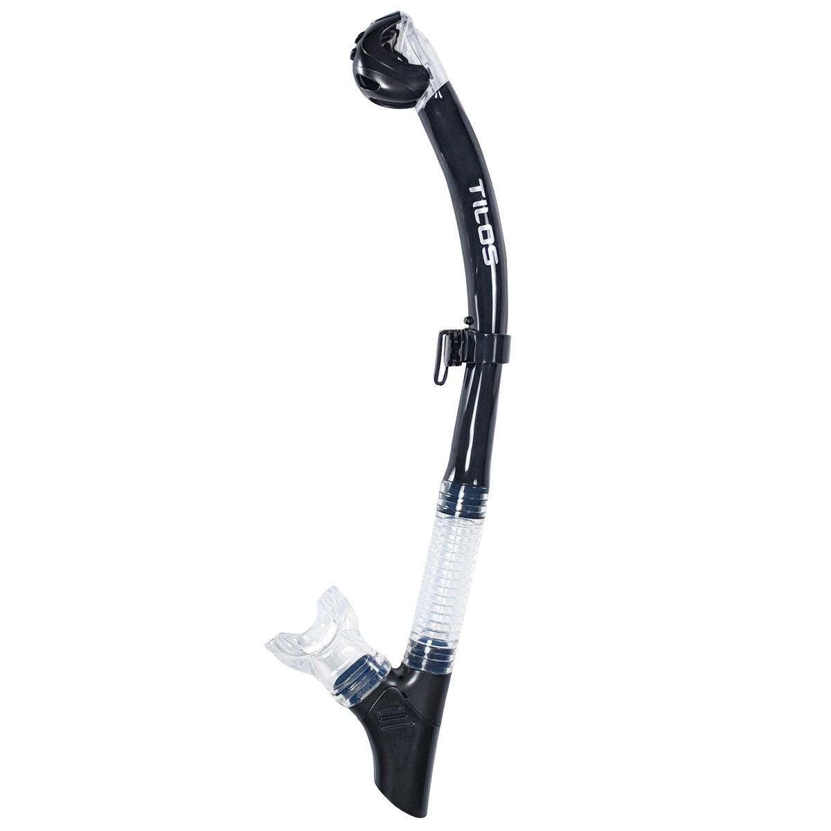 Tilos Orion Dry Snorkel in black — full snorkel showing dry top valve and mouthpiece