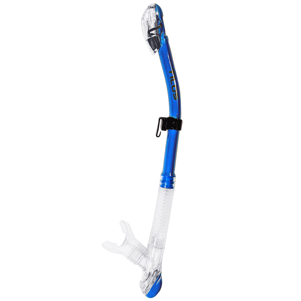 Tilos Ari Dry Snorkel in blue — full snorkel showing dry top valve and mouthpiece