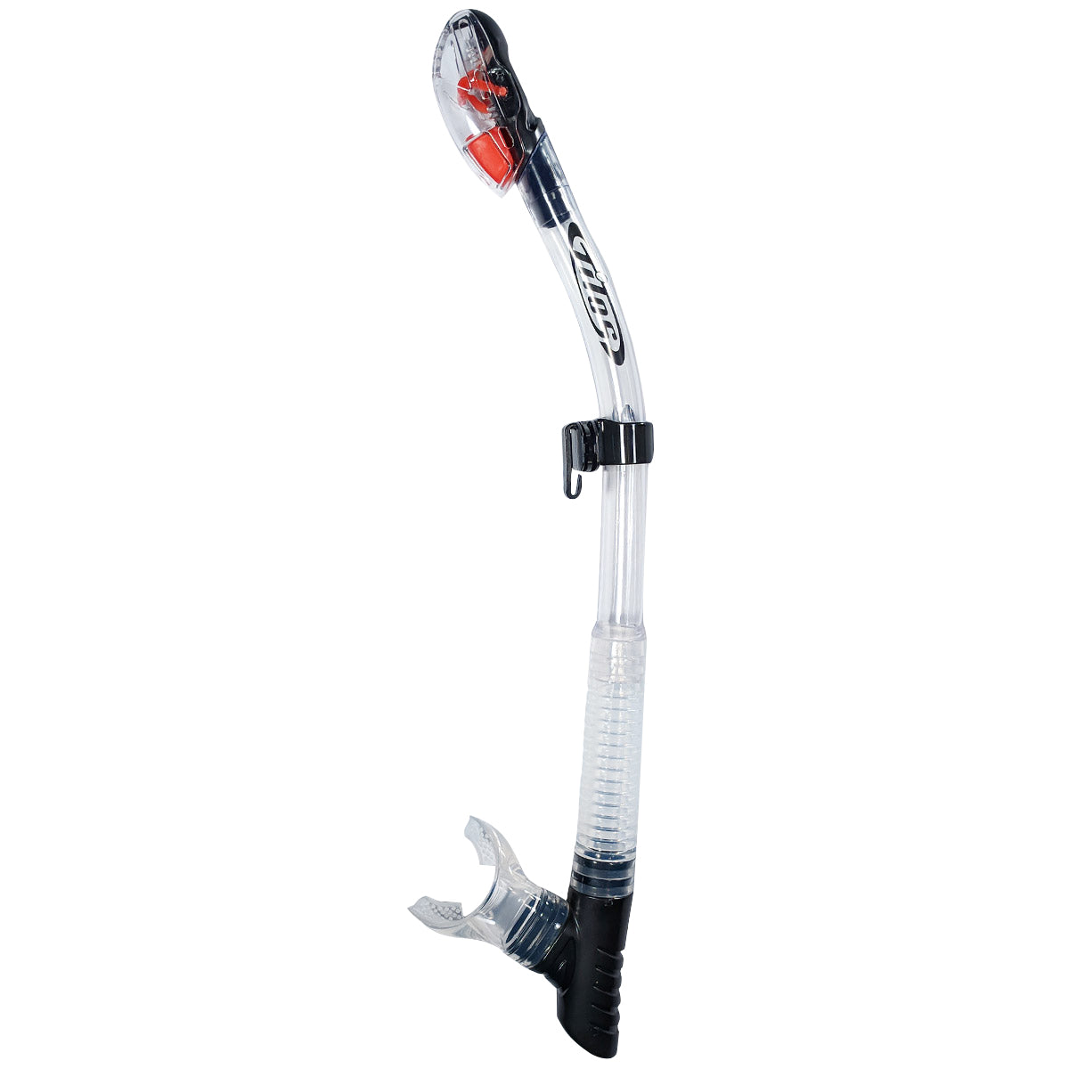 Tilos Ari Dry Snorkel in clear — full snorkel showing dry top valve and mouthpiece