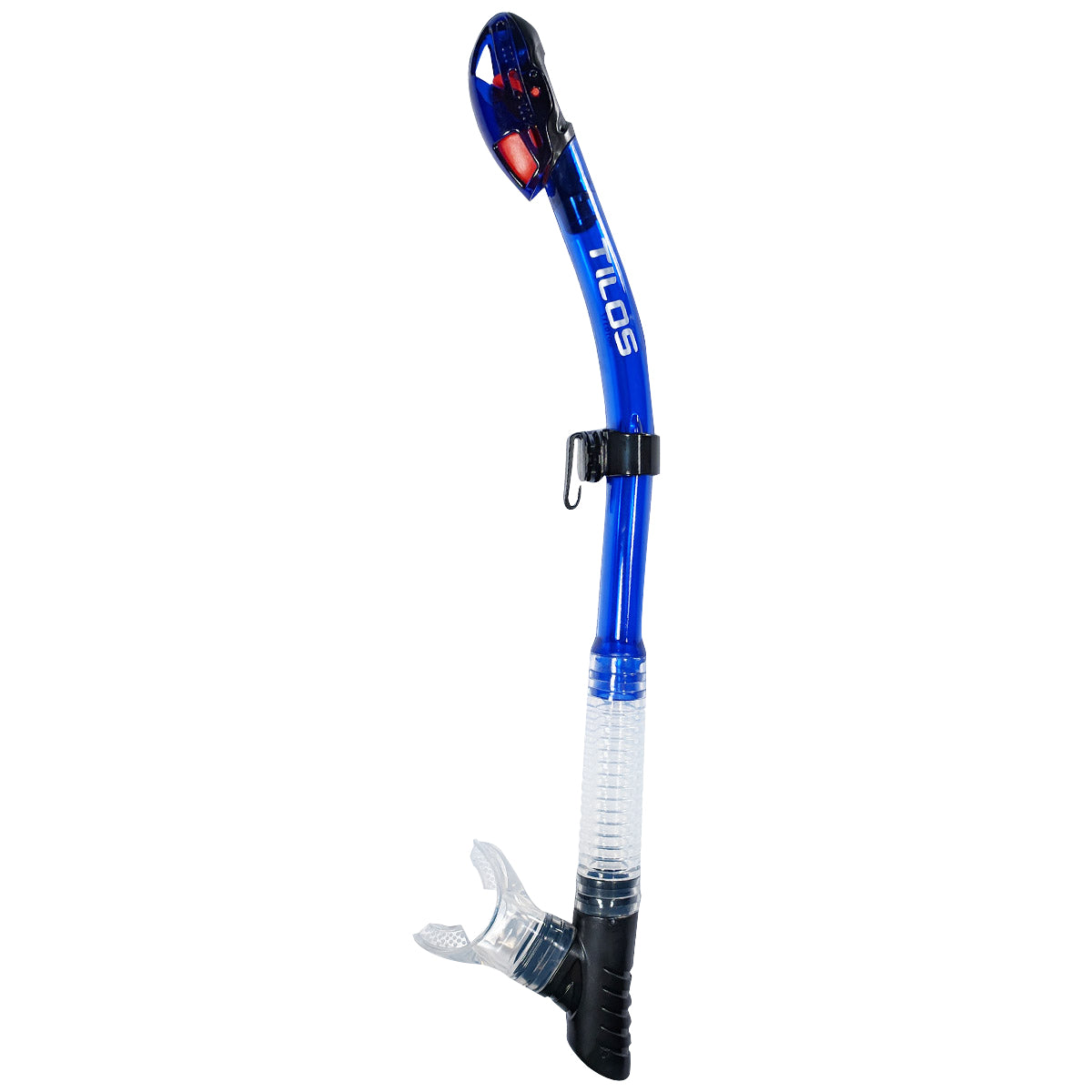 Tilos Ari Dry Snorkel in teal blue — full snorkel showing dry top valve and mouthpiece