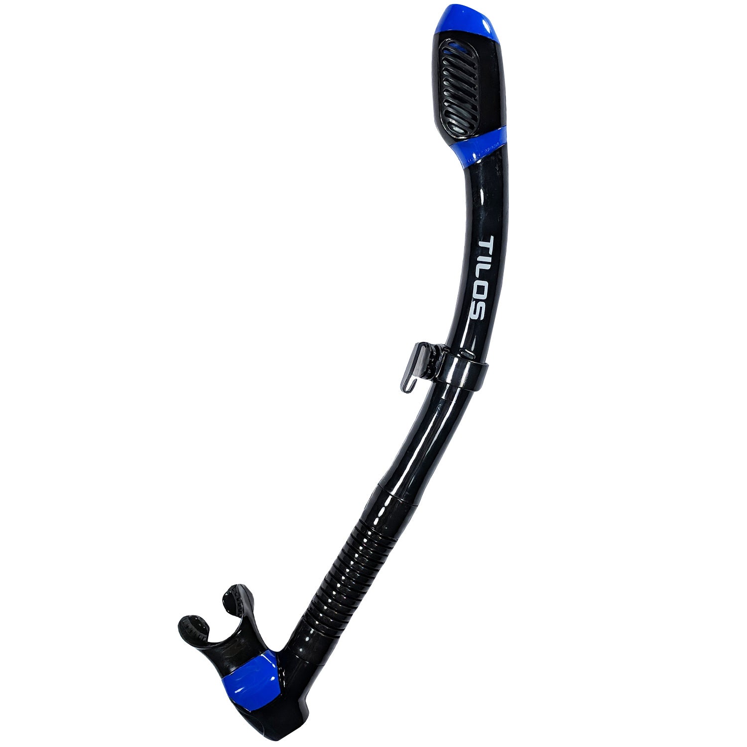 Tilos Diver Sleek Dry in blue — full snorkel showing dry top valve and mouthpiece