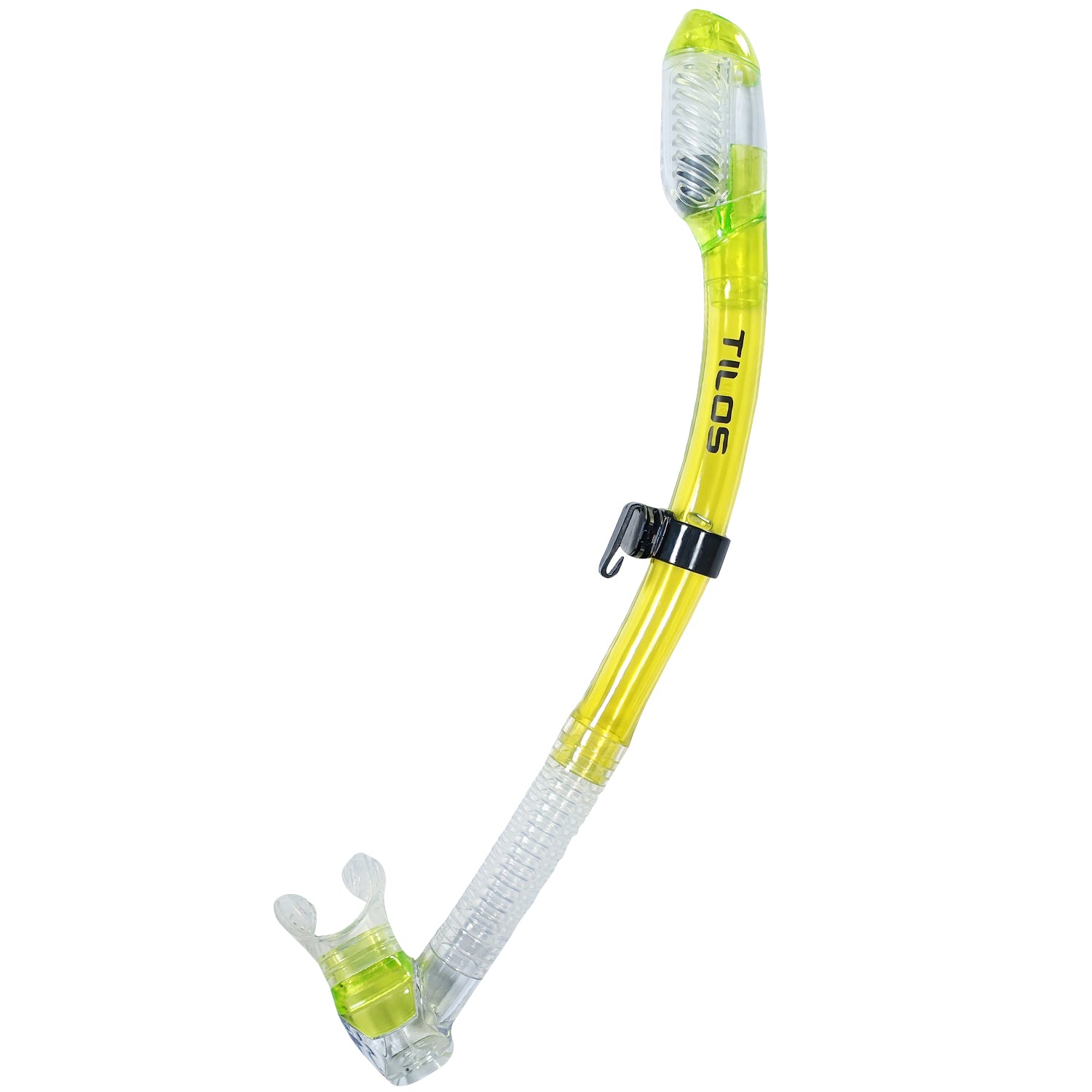 Tilos Diver Sleek Dry in yellow — full snorkel showing dry top valve and mouthpiece