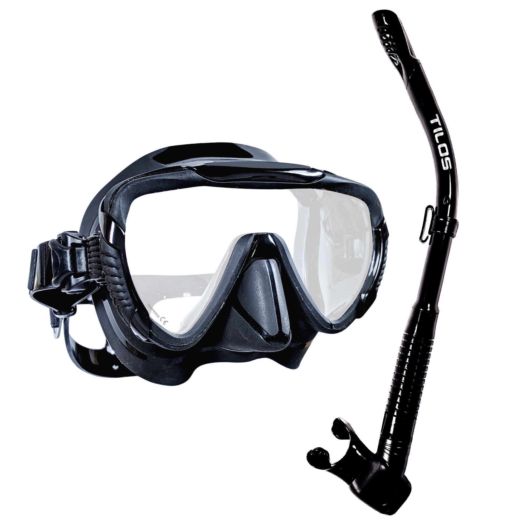 Tilos Morphi Mask with Hi-Flow II Semi-Dry Snorkel Combo Set in black — mask and snorkel set, alternate view