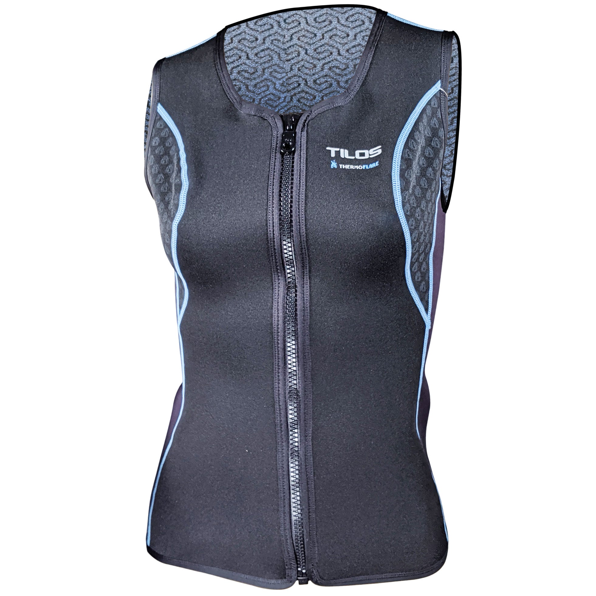 Tilos 1mm Ladies Thermoflare Zip Vest, front view showing the full-length front zipper, white chest logo, and blue accent piping
